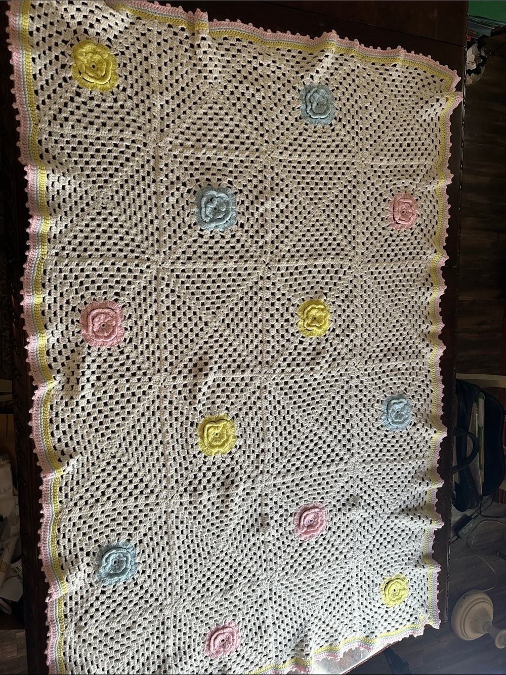 Crocheted Baby Throw Blanket - White with Pink, Yellow & Blue Floral Accents